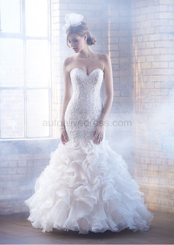 Strapless Sweetheart Beaded Ivory Lace Organza Ruffle Wedding Dress